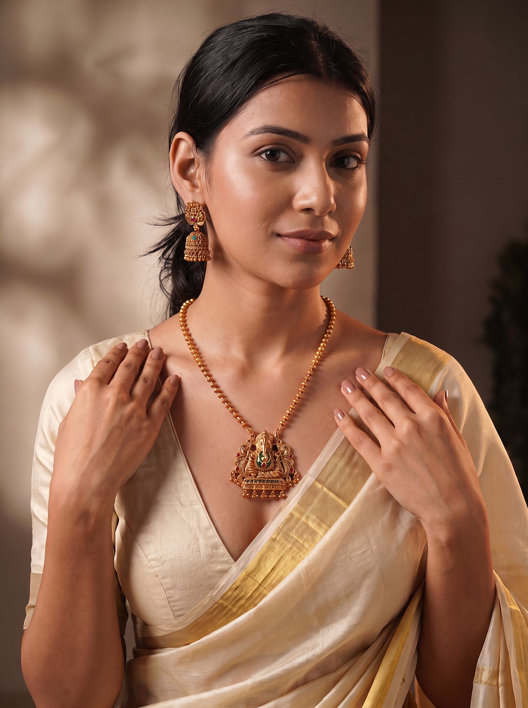 Antique Gold Plated Lakshmi Temple Pendant Long Necklace Set with Jhumka Earrings