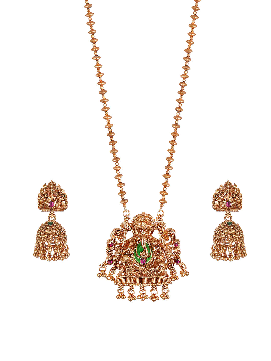 Antique Gold Plated Lakshmi Temple Pendant Long Necklace Set with Jhumka Earrings