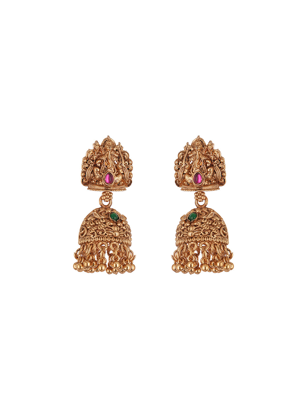 Antique Gold Plated Lakshmi Temple Pendant Long Necklace Set with Jhumka Earrings