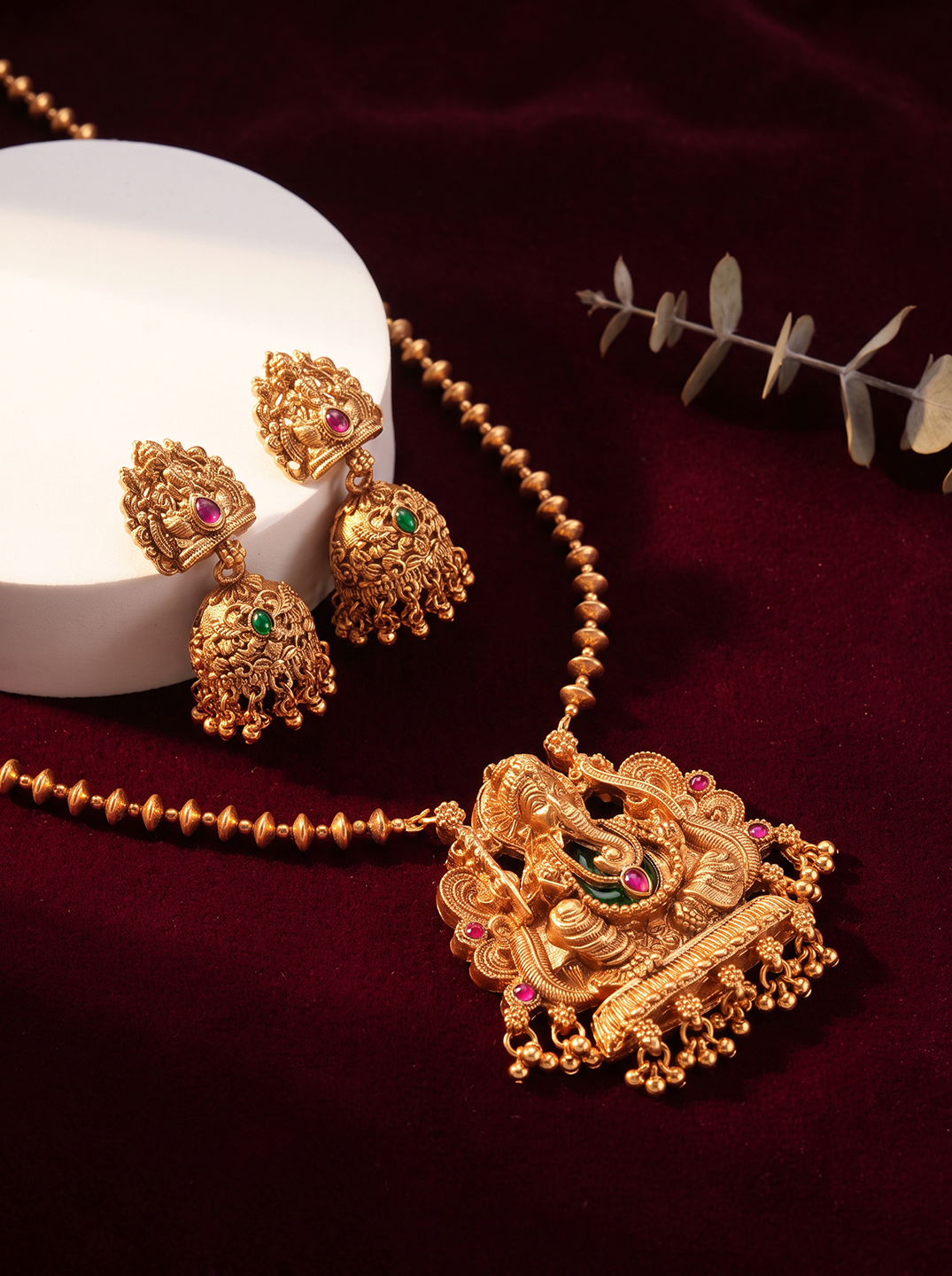 Antique Gold Plated Lakshmi Temple Pendant Long Necklace Set with Jhumka Earrings