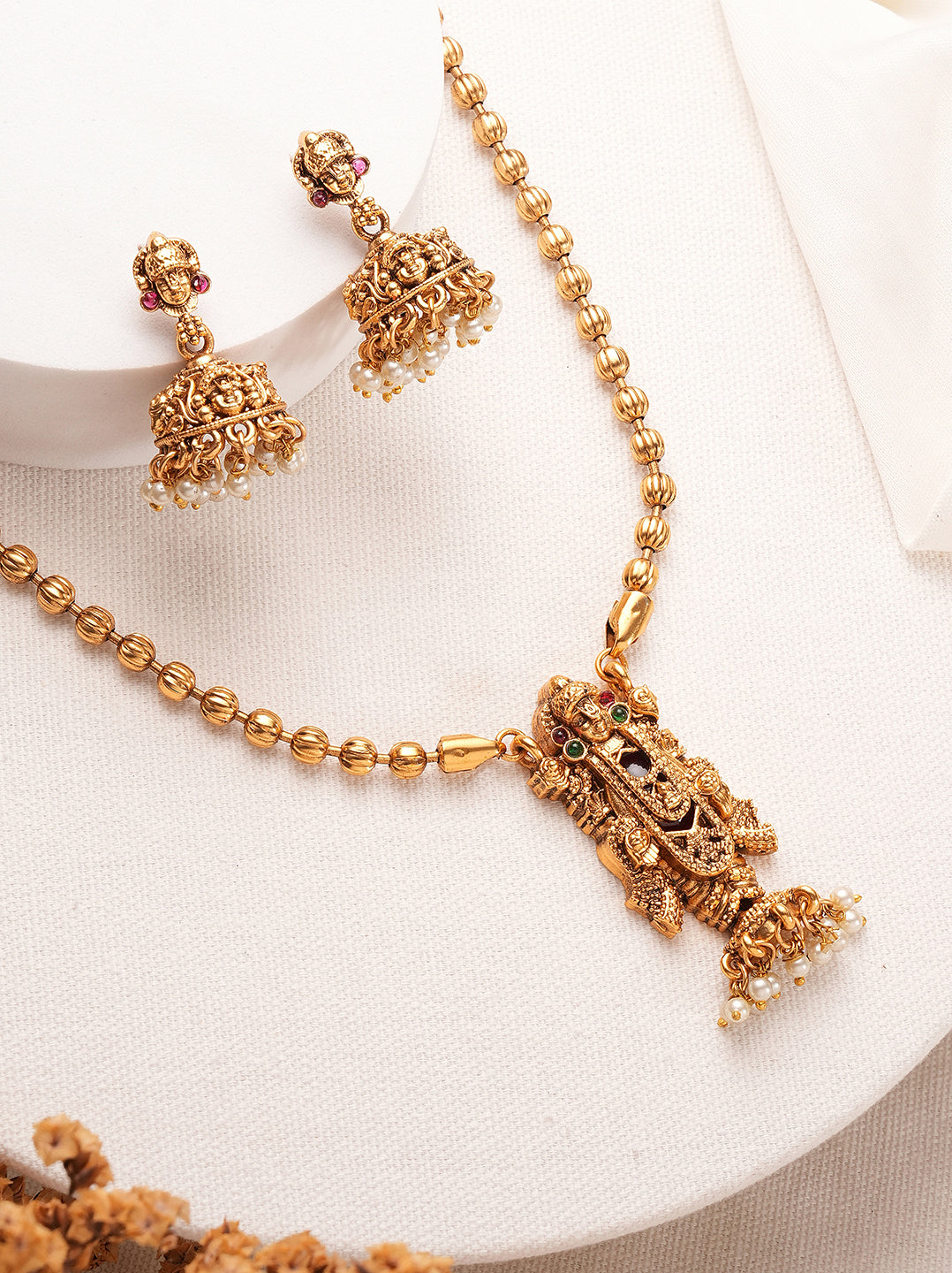 Antique gold Lakshmi pendant gold bead long necklace set