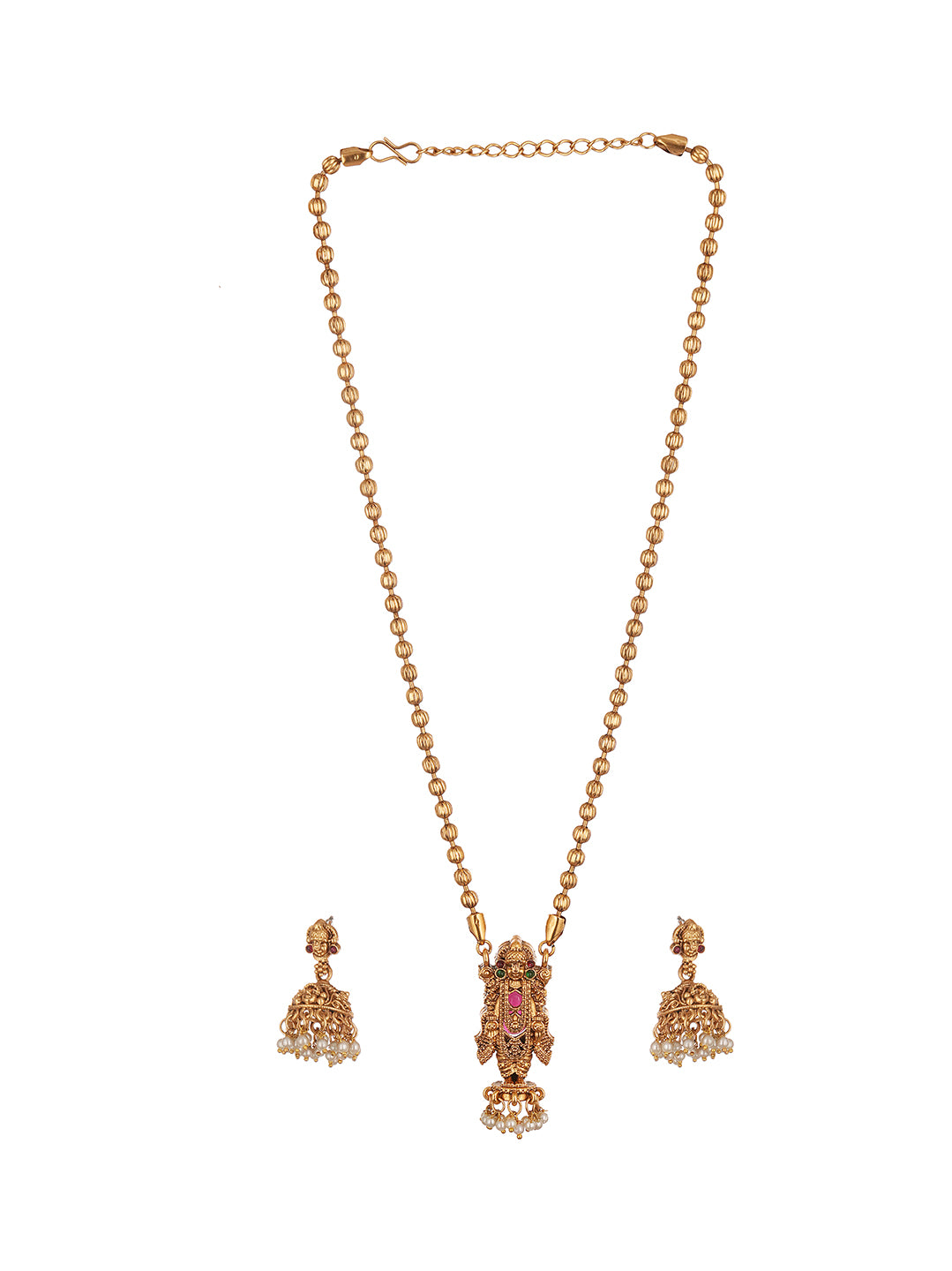 Antique Gold Plated Lakshmi Pendant Gold Bead Long Necklace Set