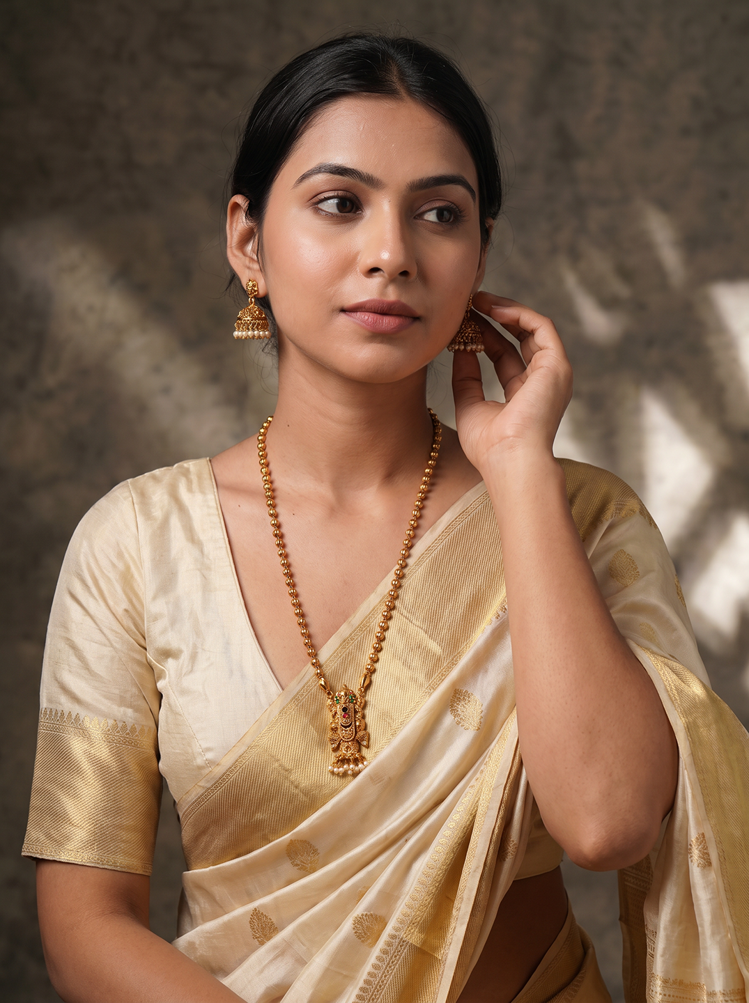 Antique Gold Plated Lakshmi Pendant Gold Bead Long Necklace Set
