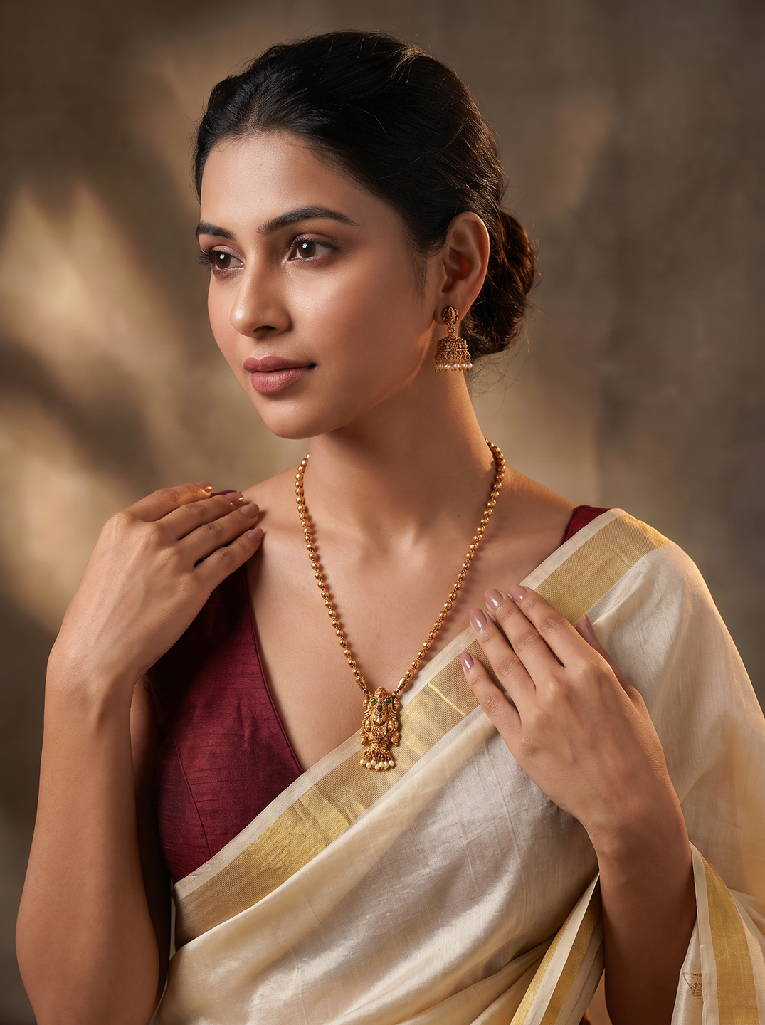 Antique Gold Plated Lakshmi Pendant Gold Bead Long Necklace Set