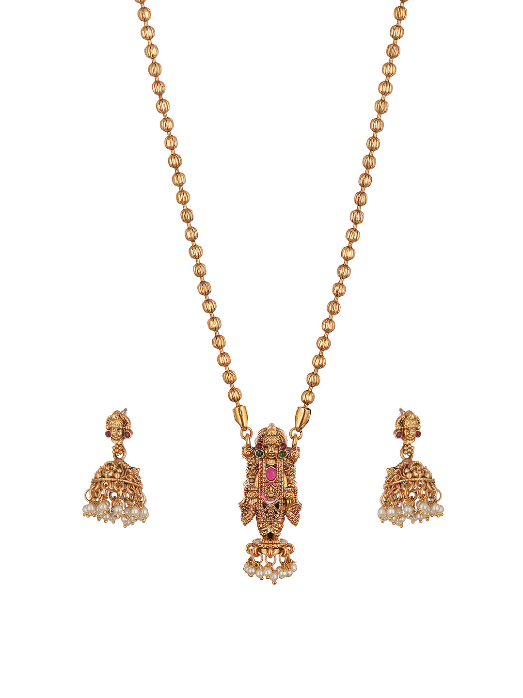 Antique Gold Plated Lakshmi Pendant Gold Bead Long Necklace Set