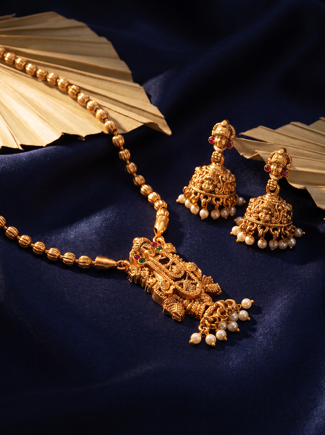 Antique Gold Plated Lakshmi Pendant Gold Bead Long Necklace Set