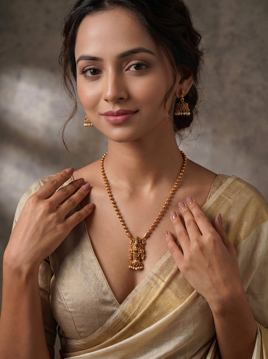 Antique Gold Plated Lakshmi Pendant Gold Bead Long Necklace Set