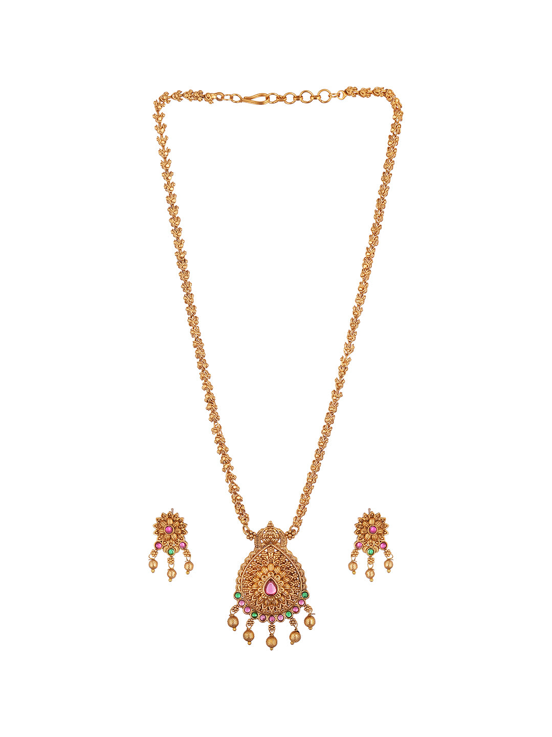 Antique Gold Plated Ruby Green Stone Pendant Long Necklace Jewellery Set