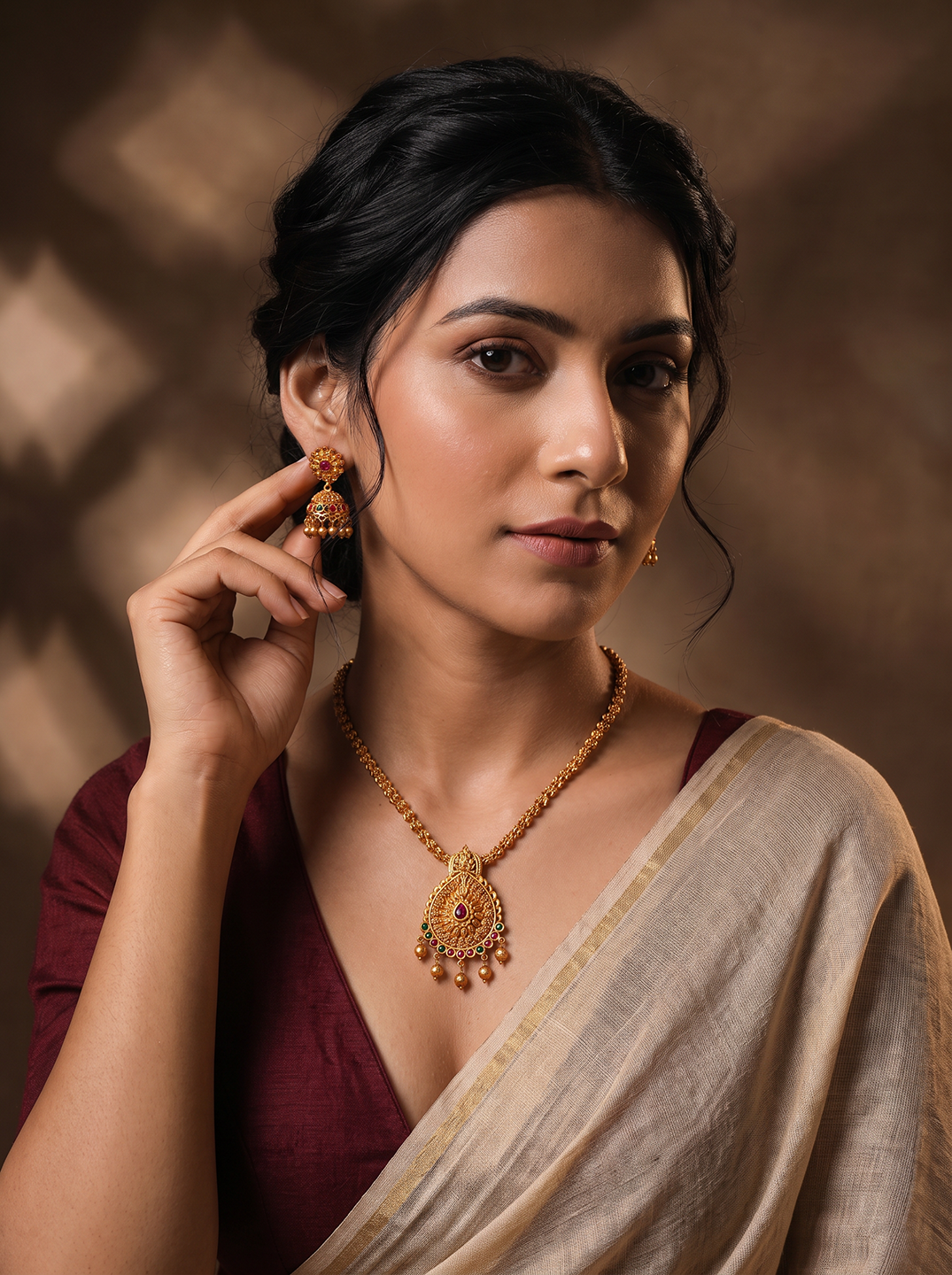 Antique Gold Plated Ruby Green Stone Pendant Long Necklace Jewellery Set