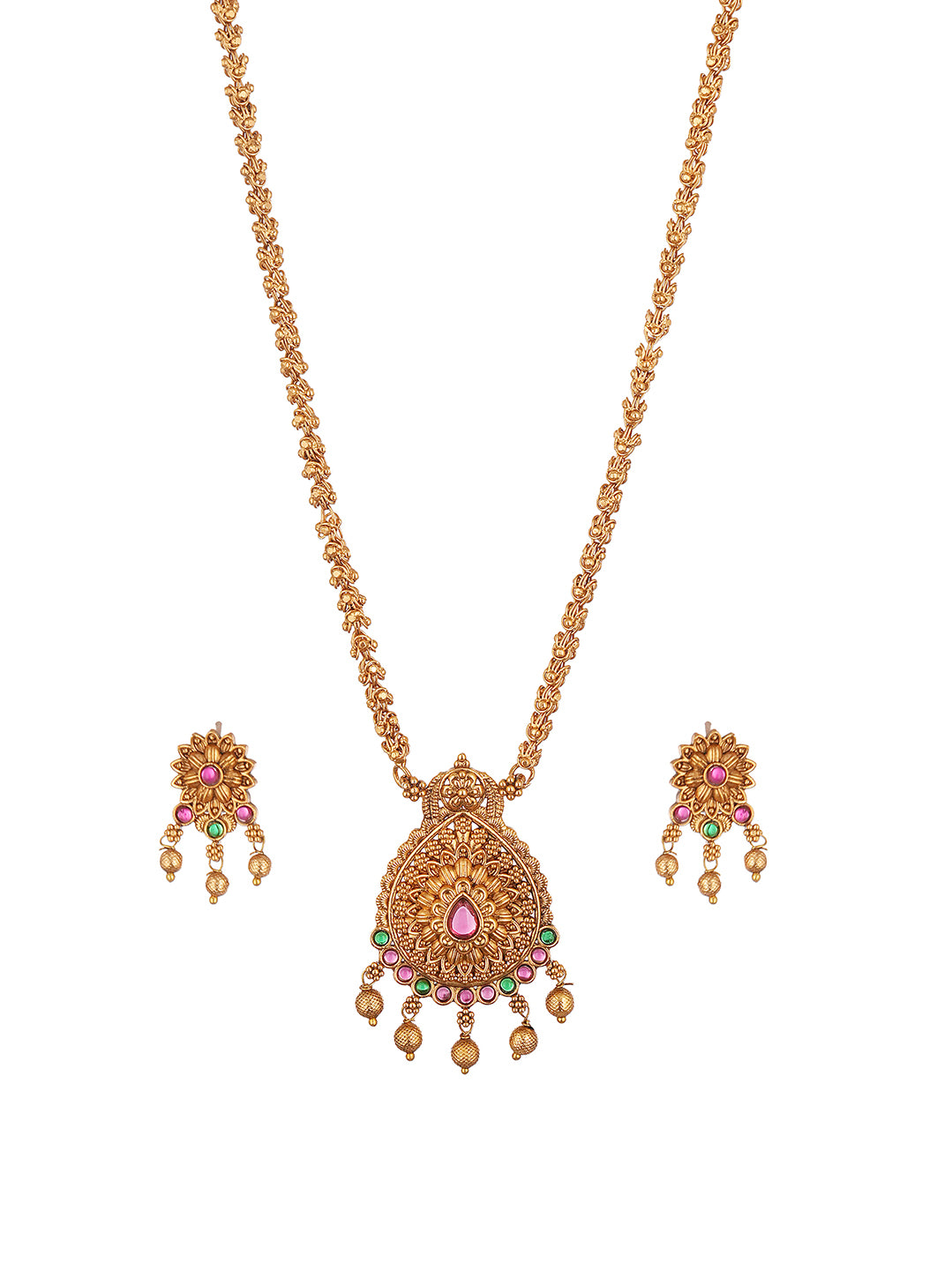 Antique Gold Plated Ruby Green Stone Pendant Long Necklace Jewellery Set