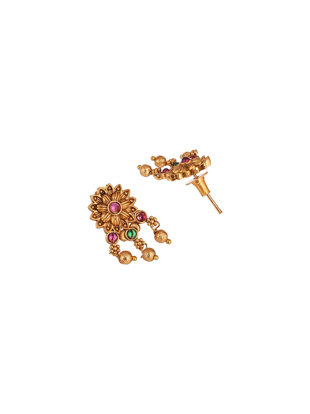 Antique Gold Plated Ruby Green Stone Pendant Long Necklace Jewellery Set