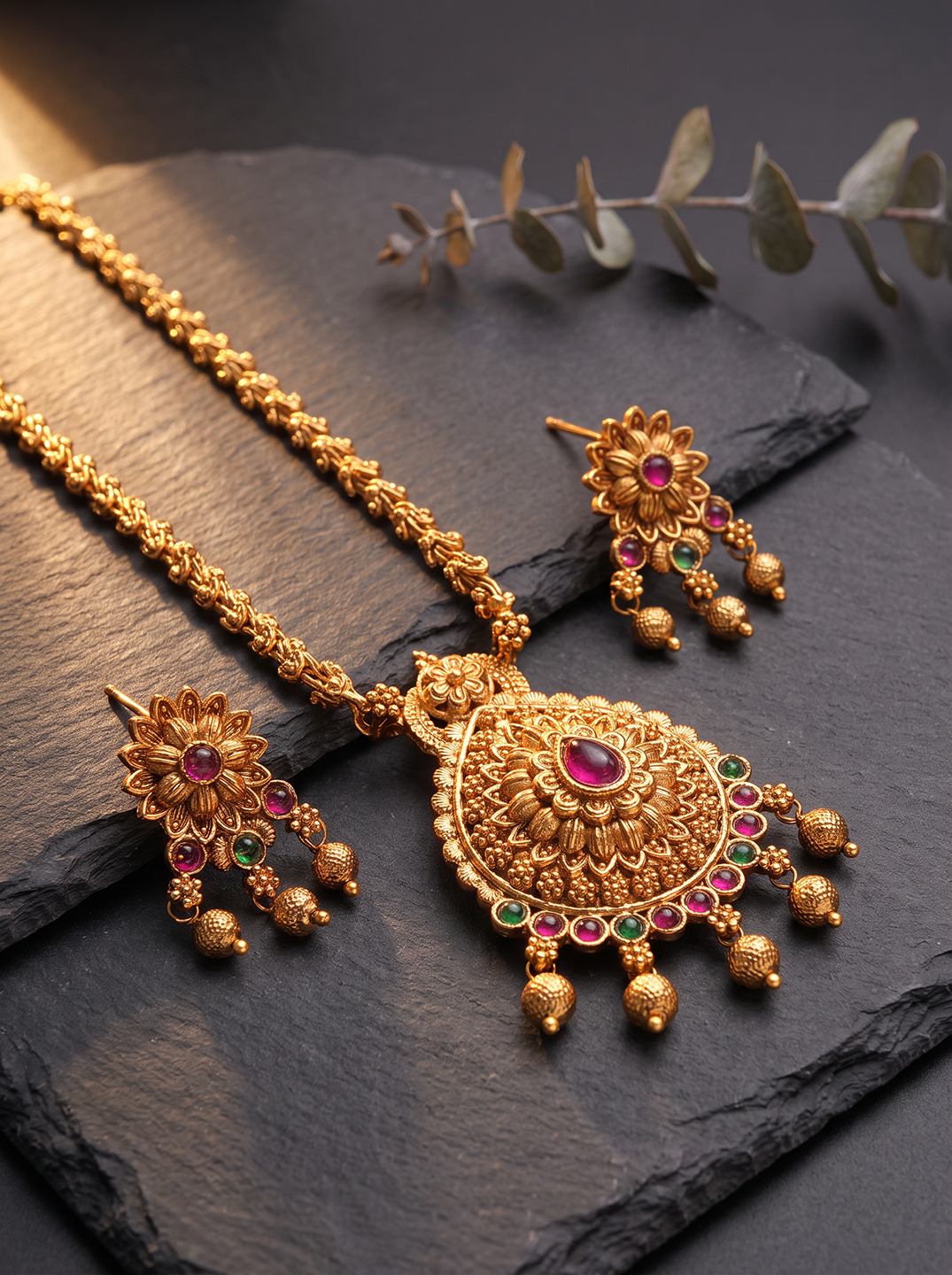 Antique Gold Plated Ruby Green Stone Pendant Long Necklace Jewellery Set