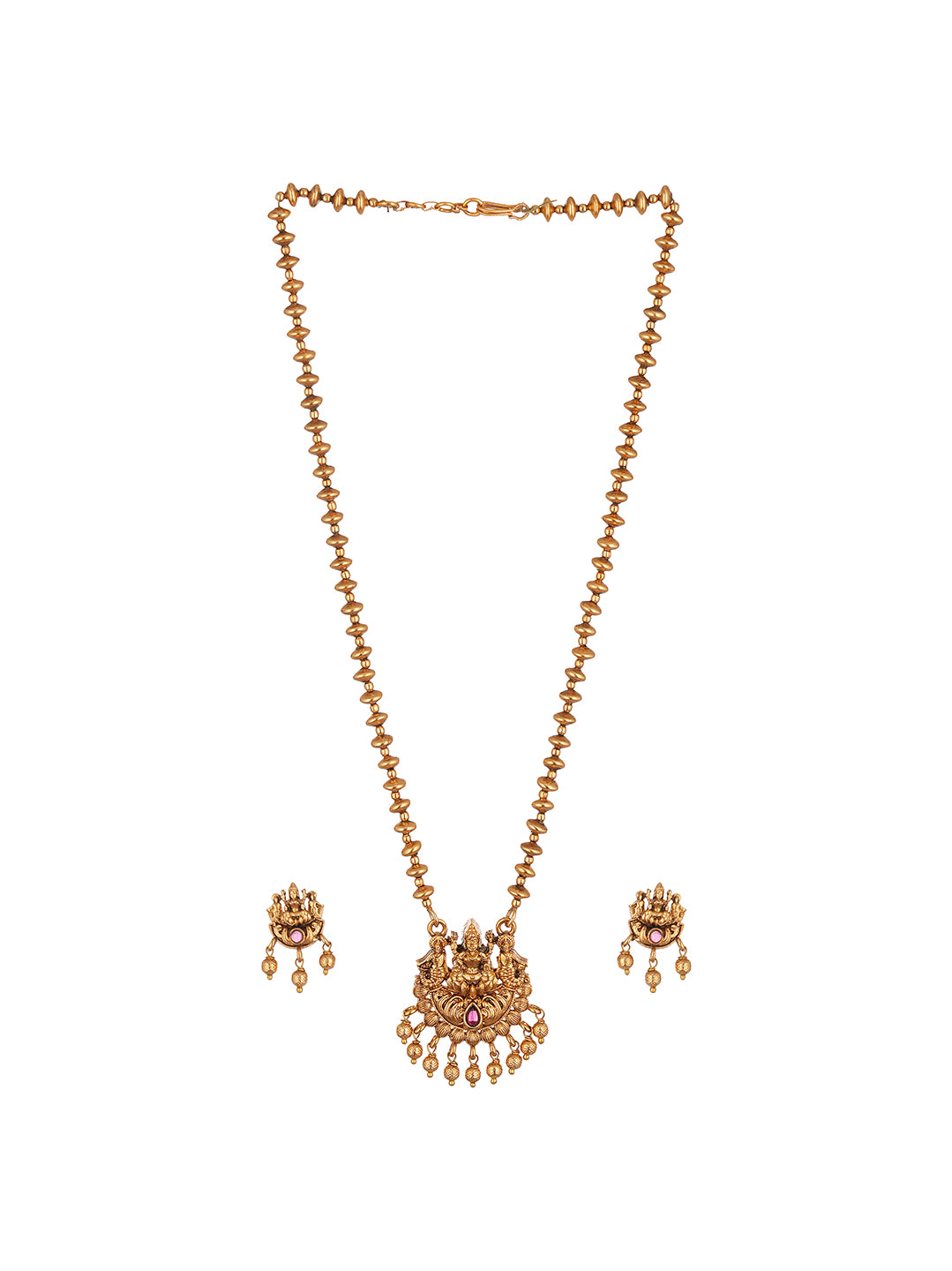 Antique Gold Plated Lakshmi Pendant Gold Beaded Long Chain Necklace Set