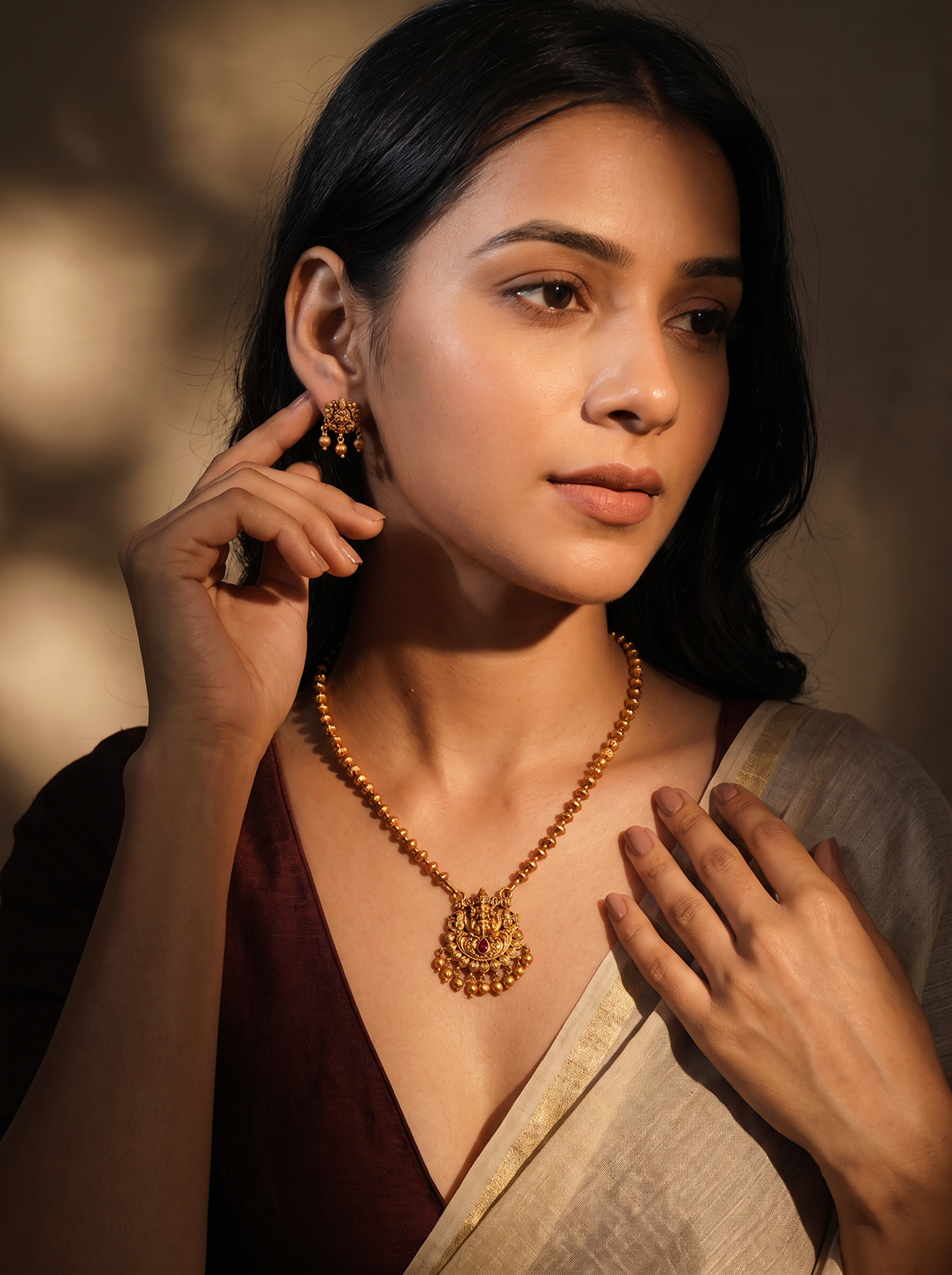 Antique Gold Plated Lakshmi Pendant Gold Beaded Long Chain Necklace Set