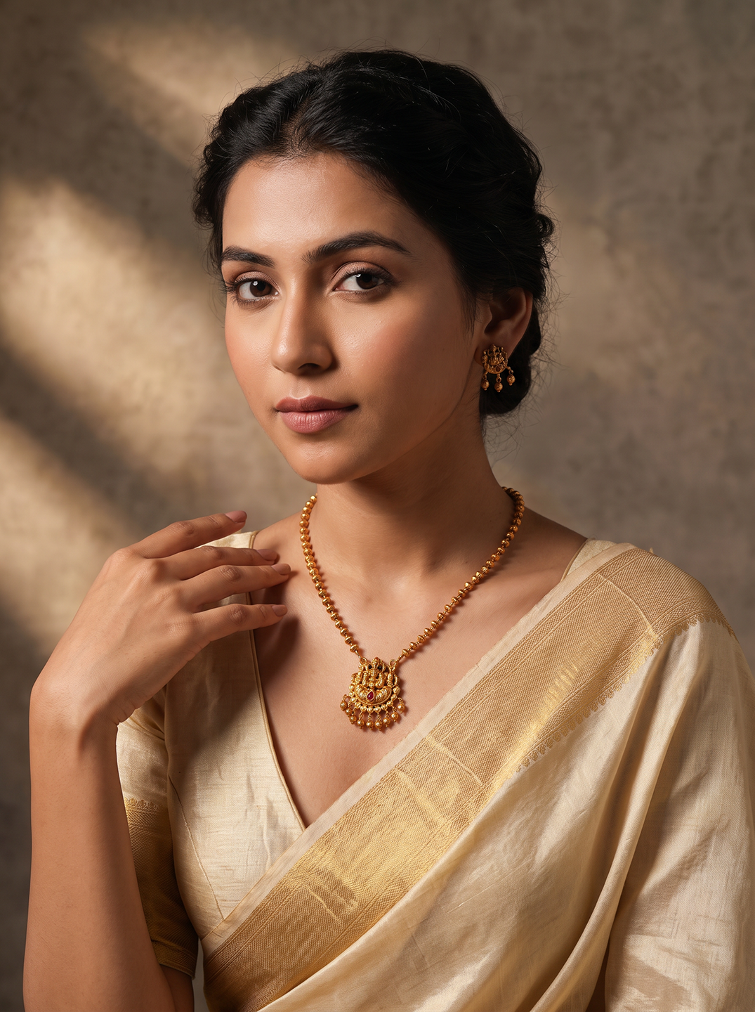 Antique Gold Plated Lakshmi Pendant Gold Beaded Long Chain Necklace Set