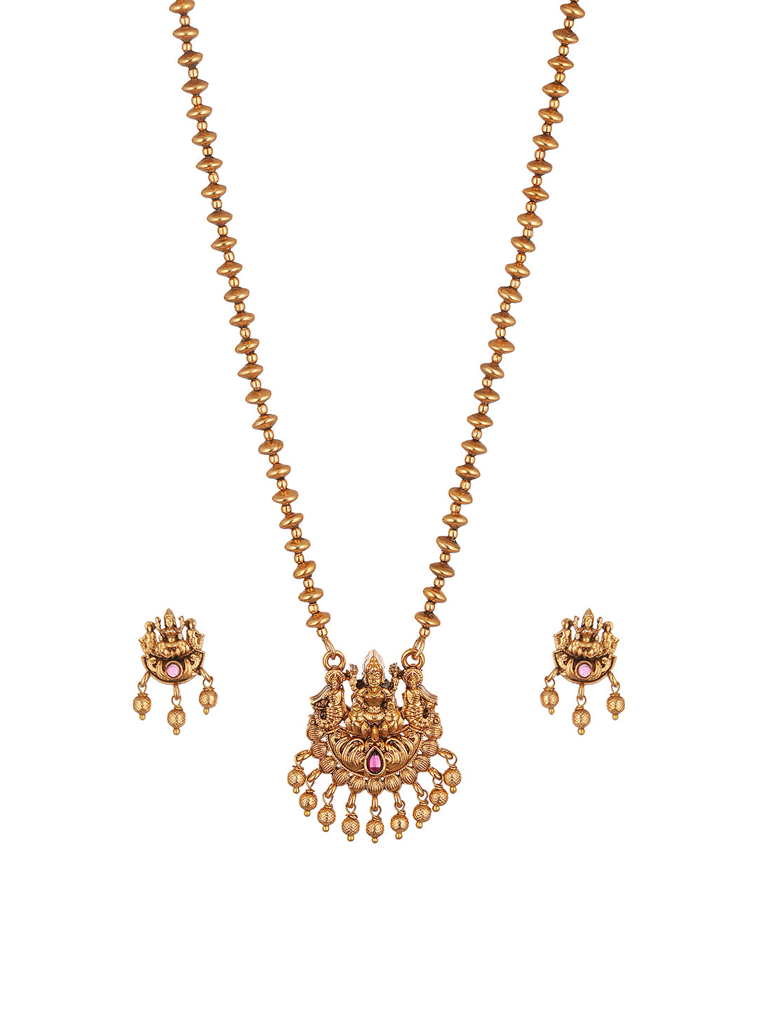 Antique Gold Plated Lakshmi Pendant Gold Beaded Long Chain Necklace Set