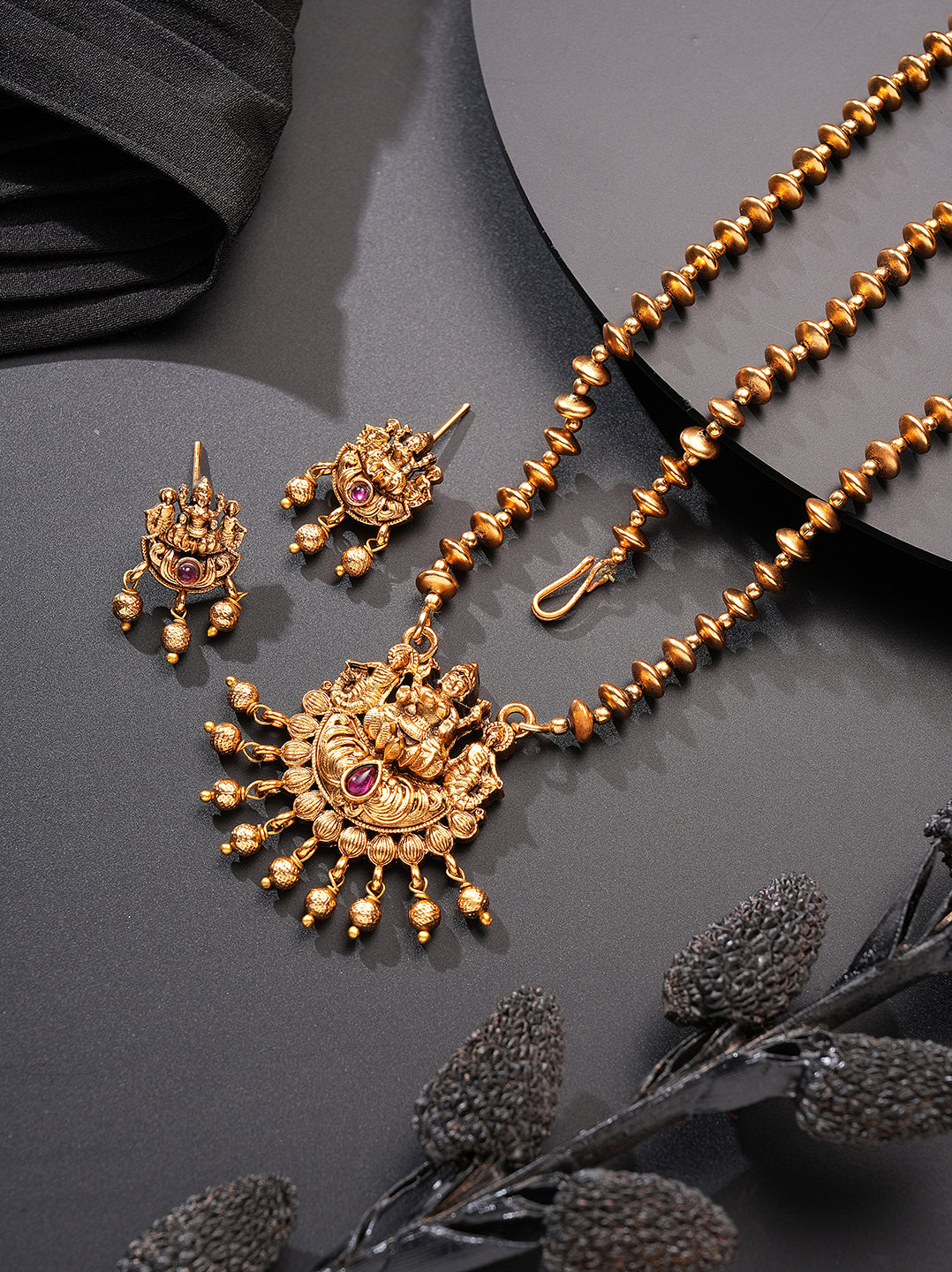 Antique Gold Plated Lakshmi Pendant Gold Beaded Long Chain Necklace Set