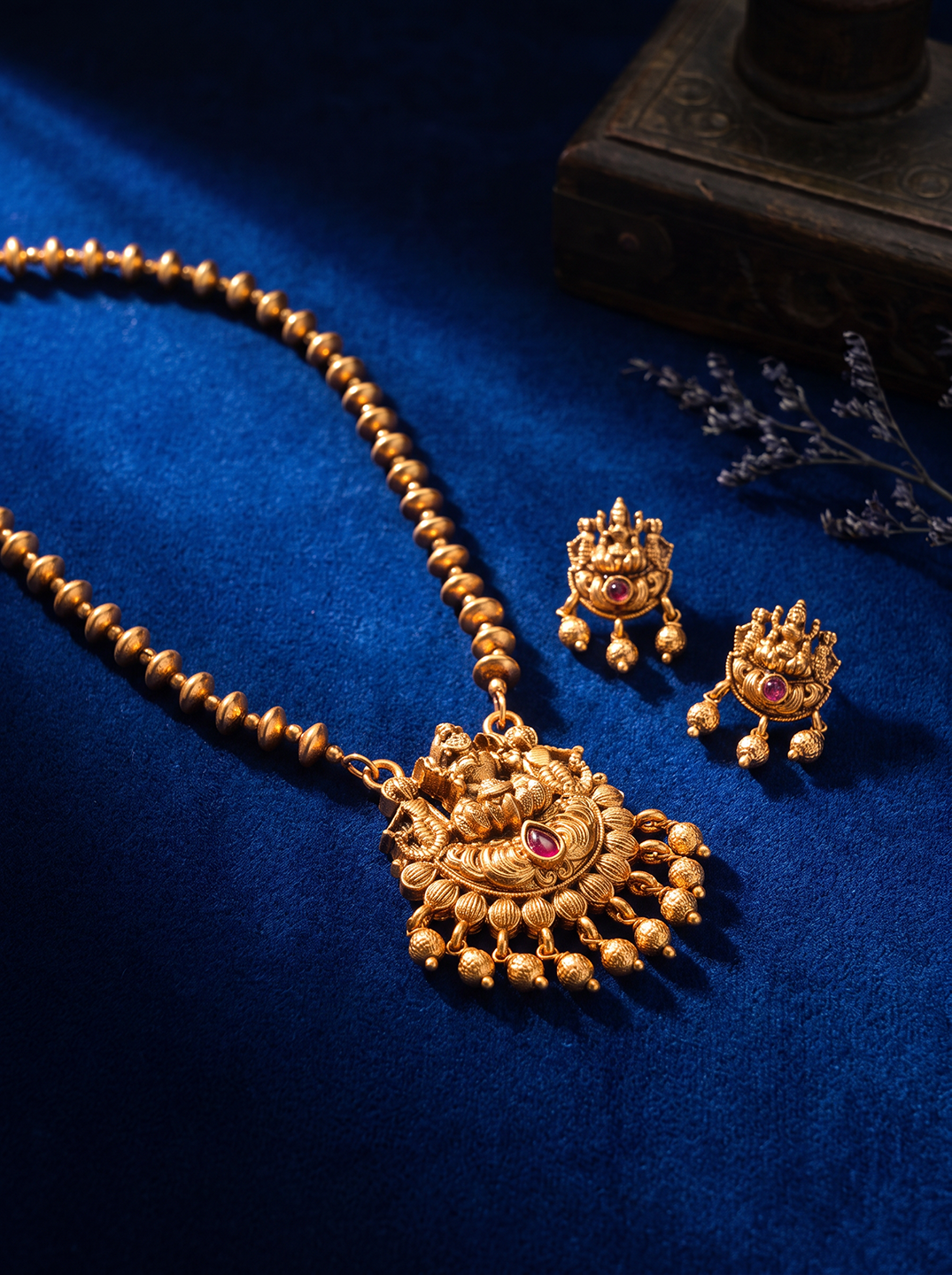 Antique Gold Plated Lakshmi Pendant Gold Beaded Long Chain Necklace Set