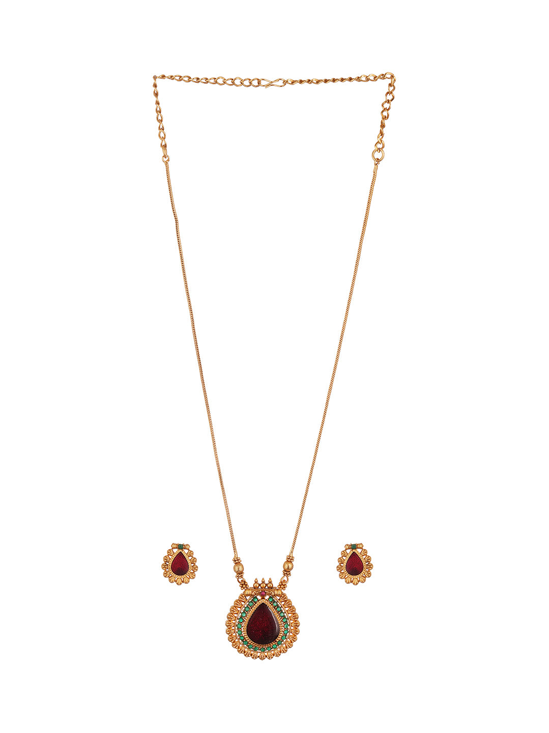 Antique Gold Plated Ruby Teardrop Pendant Necklace Set with Studs