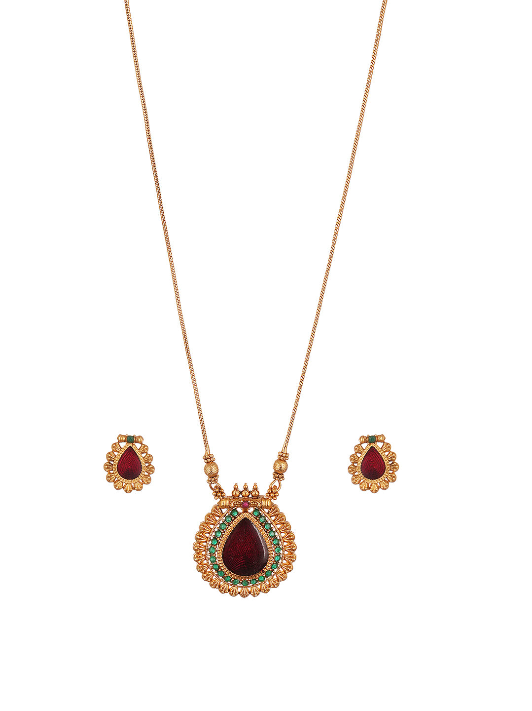 Antique Gold Plated Ruby Teardrop Pendant Necklace Set with Studs