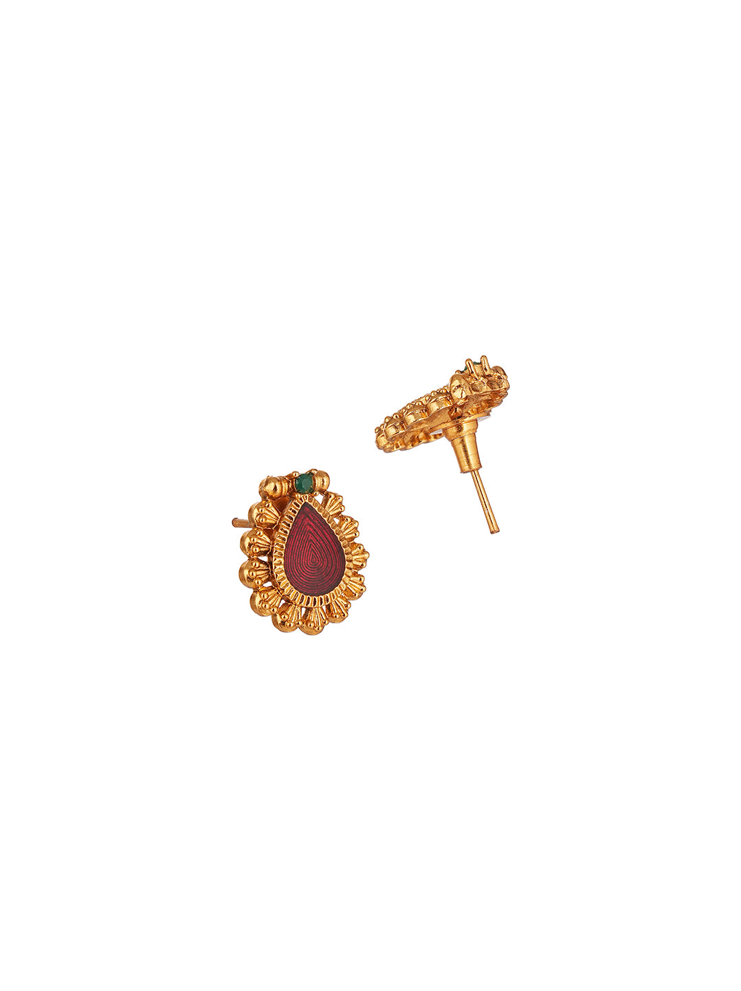Antique Gold Plated Ruby Teardrop Pendant Necklace Set with Studs