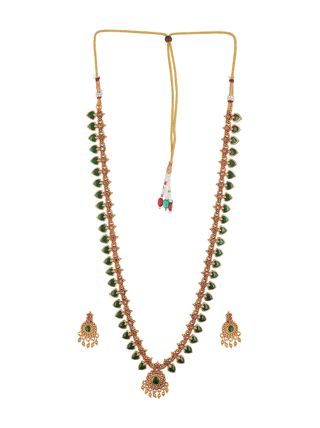 Antique Gold Plated Green Stone Long Haar Necklace Jewellery Set