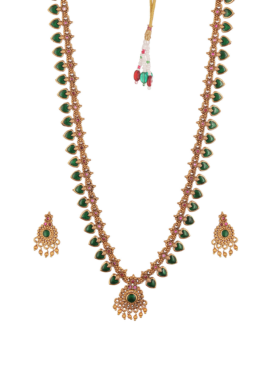 Antique Gold Plated Green Stone Long Haar Necklace Jewellery Set