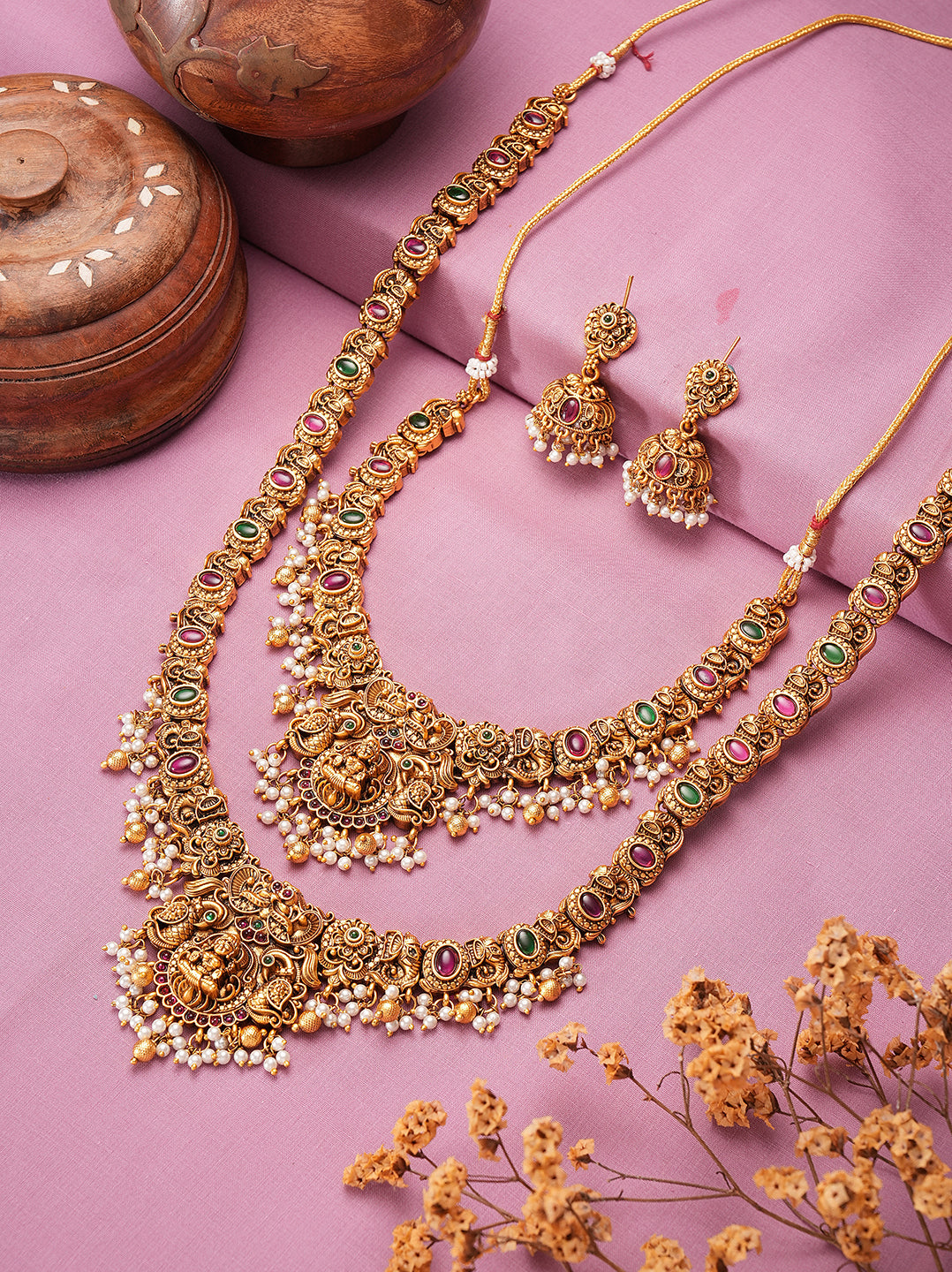 Antique gold two layer Lakshmi temple haar necklace set with jhumka