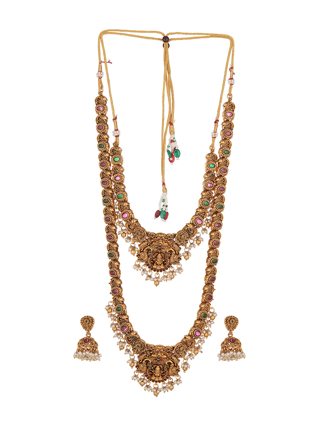 Antique Gold Plated Two Layer Lakshmi Temple Haar Necklace Set with Jhumka