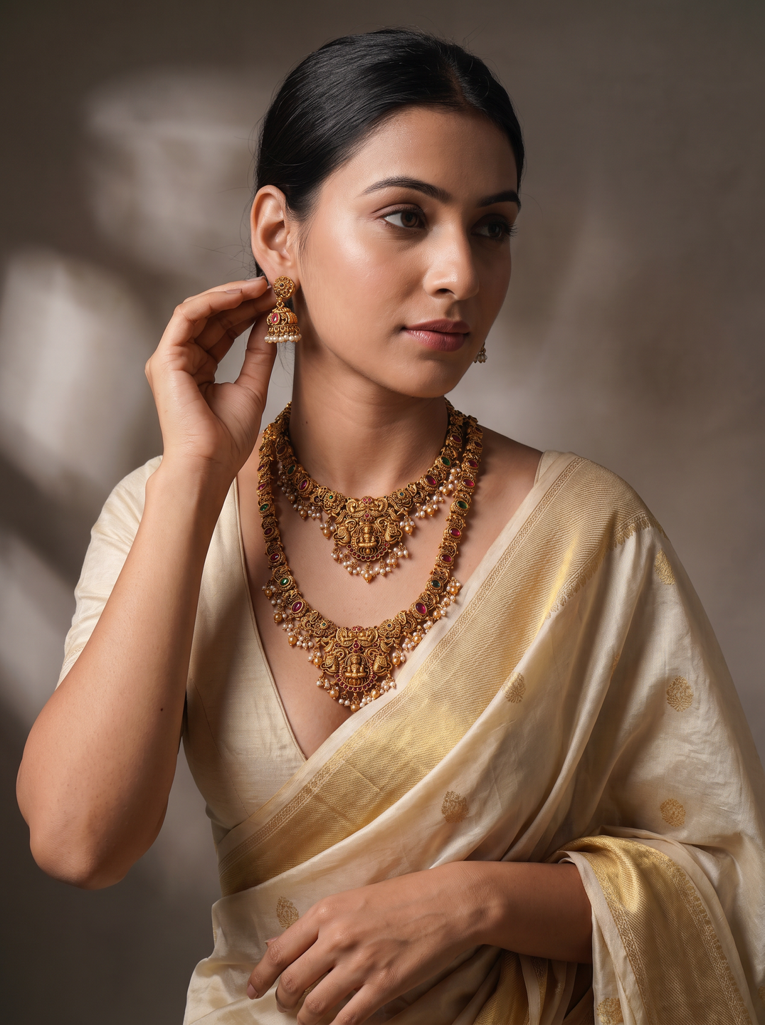 Antique Gold Plated Two Layer Lakshmi Temple Haar Necklace Set with Jhumka