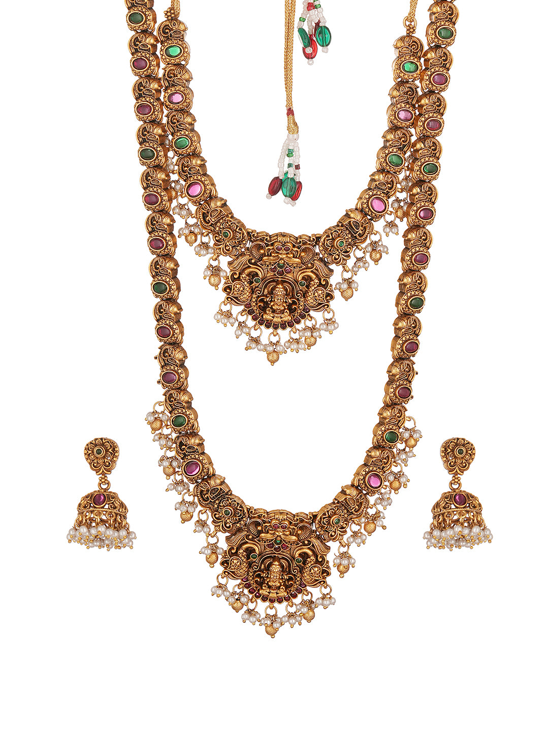 Antique Gold Plated Two Layer Lakshmi Temple Haar Necklace Set with Jhumka