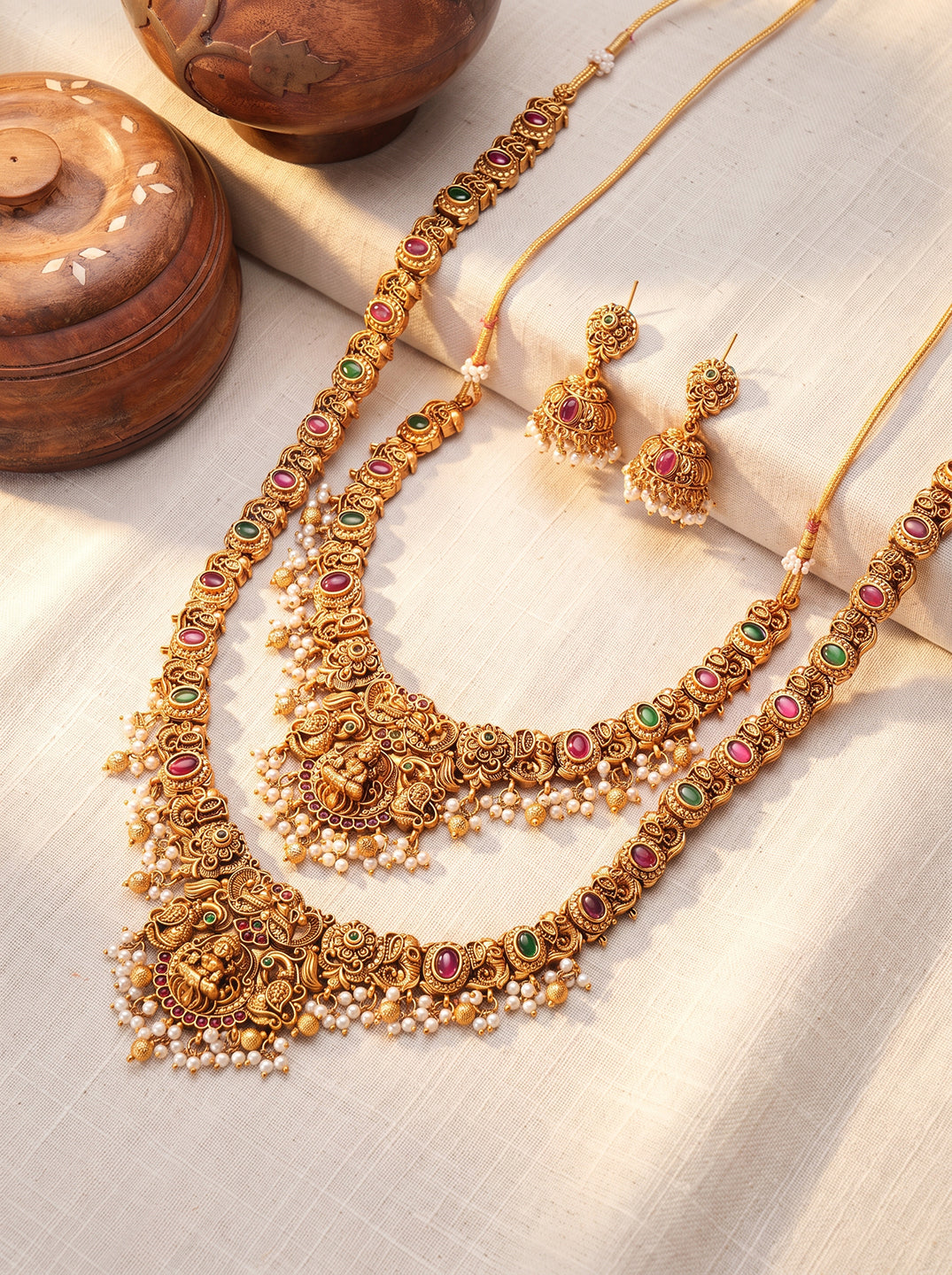 Antique Gold Plated Two Layer Lakshmi Temple Haar Necklace Set with Jhumka