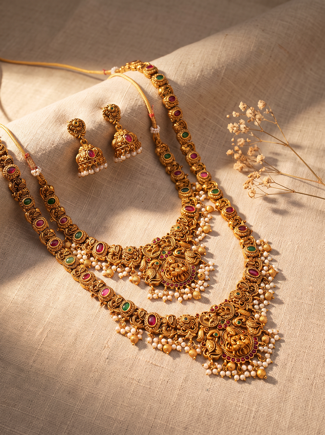 Antique Gold Plated Two Layer Lakshmi Temple Haar Necklace Set with Jhumka