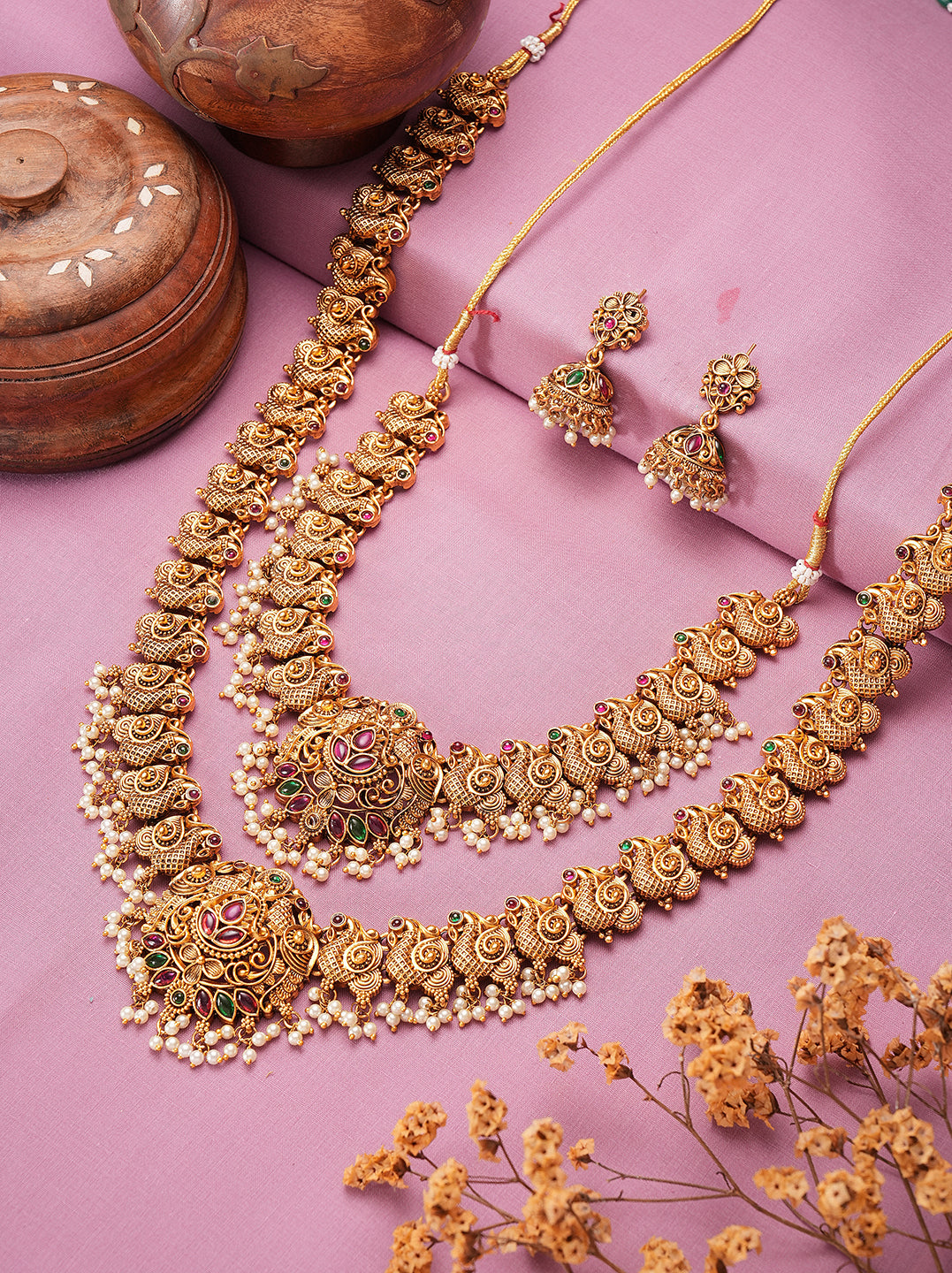 Antique gold two layer temple haar necklace set with pearl drops