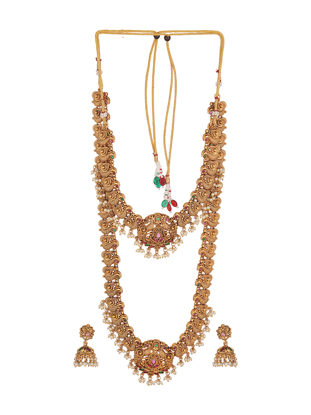 Antique Gold Plated Two Layer Temple Haar Necklace Set with Pearl Drops