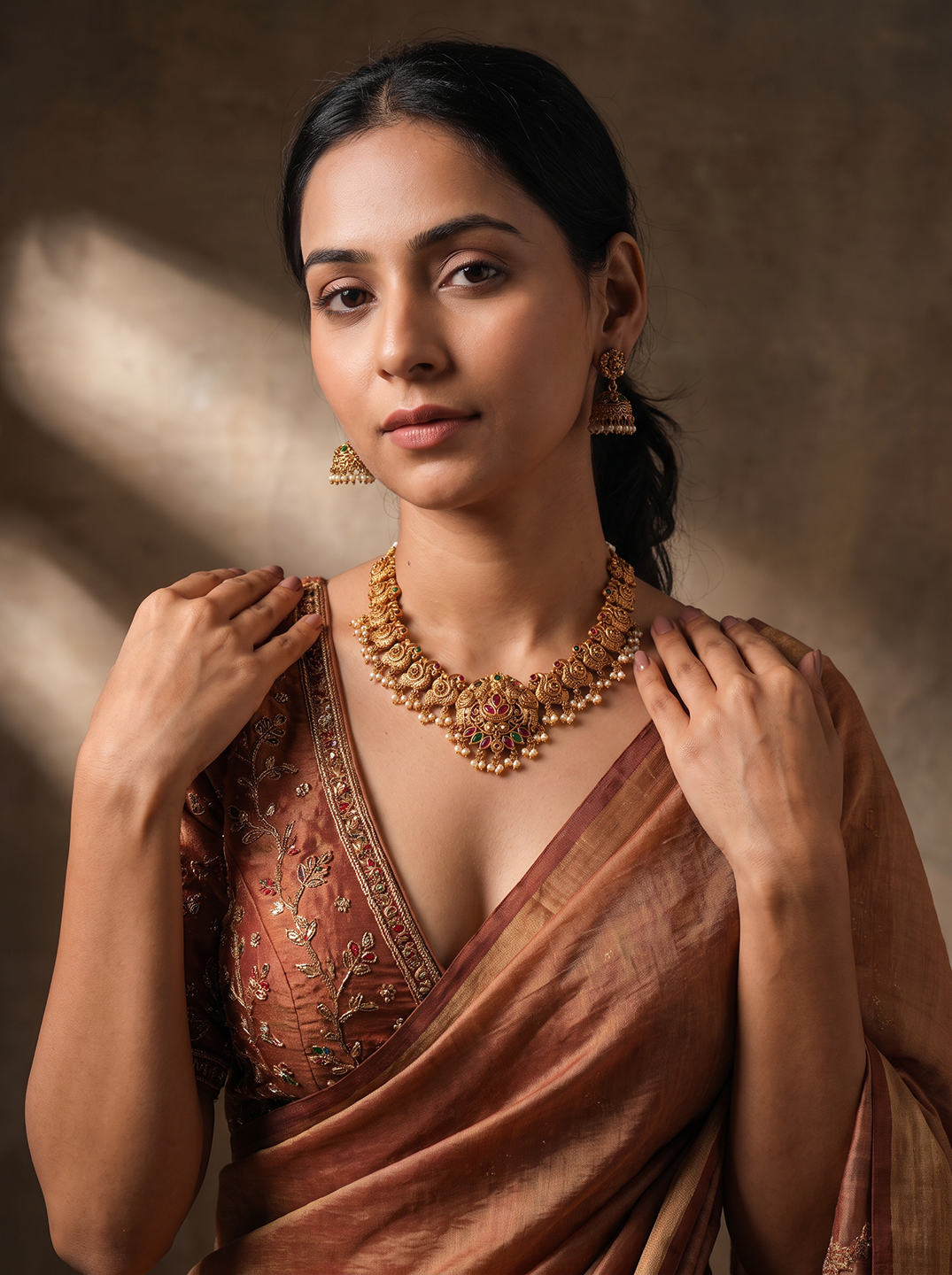 Antique Gold Plated Two Layer Temple Haar Necklace Set with Pearl Drops