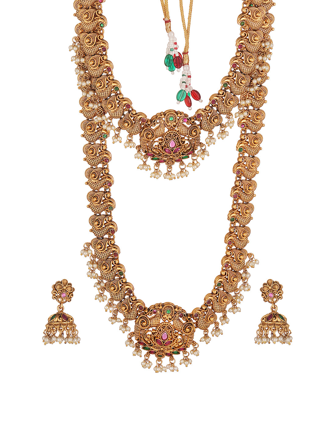 Antique Gold Plated Two Layer Temple Haar Necklace Set with Pearl Drops