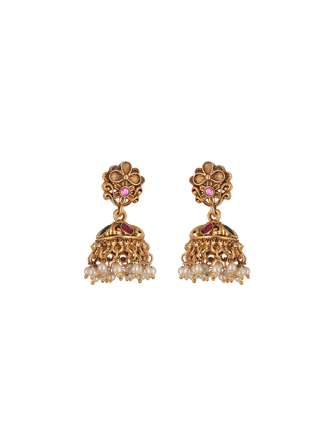 Antique Gold Plated Two Layer Temple Haar Necklace Set with Pearl Drops