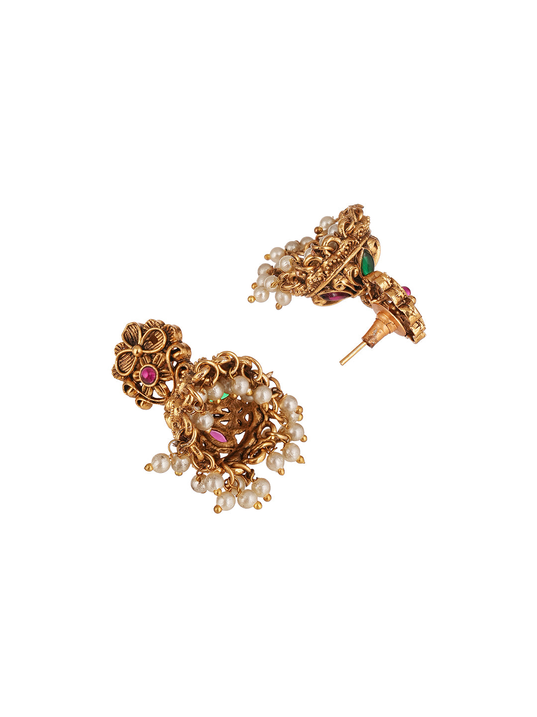 Antique Gold Plated Two Layer Temple Haar Necklace Set with Pearl Drops