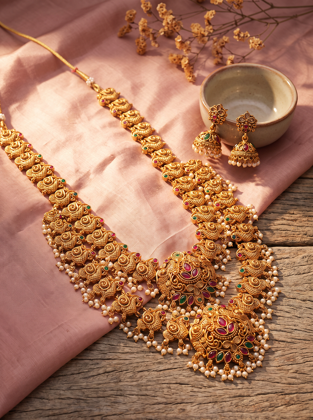 Antique Gold Plated Two Layer Temple Haar Necklace Set with Pearl Drops