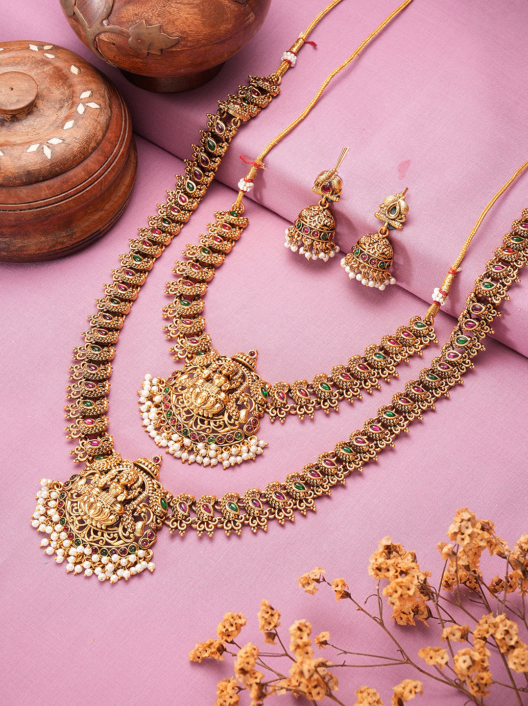 Antique gold multicolour stone two layer Lakshmi temple haar necklace set