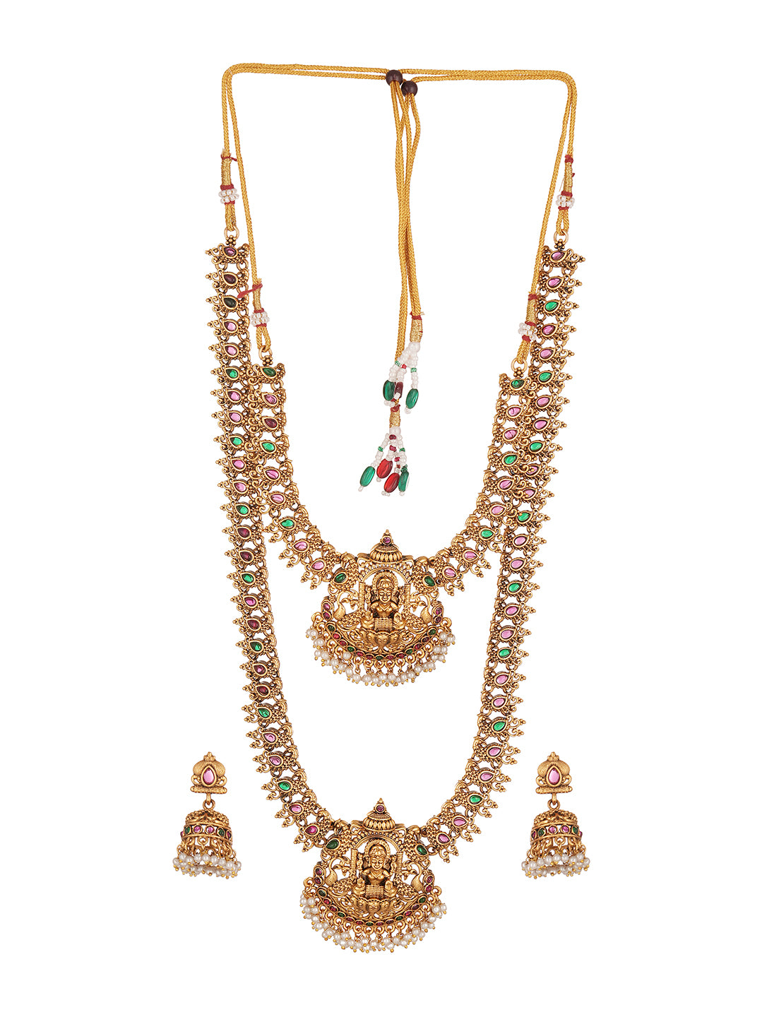 Antique Gold Plated Multicolour Stone Two Layer Lakshmi Temple Haar Necklace Set