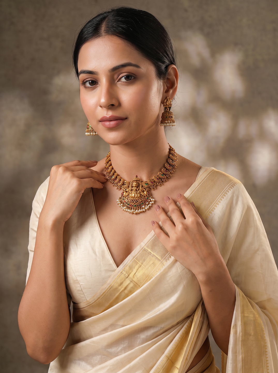 Antique Gold Plated Multicolour Stone Two Layer Lakshmi Temple Haar Necklace Set