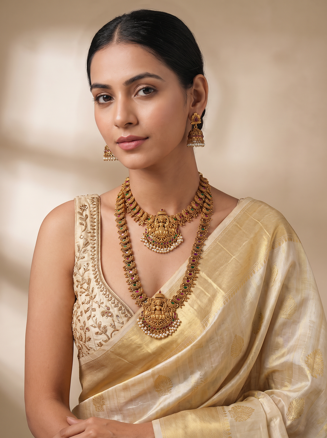 Antique Gold Plated Multicolour Stone Two Layer Lakshmi Temple Haar Necklace Set
