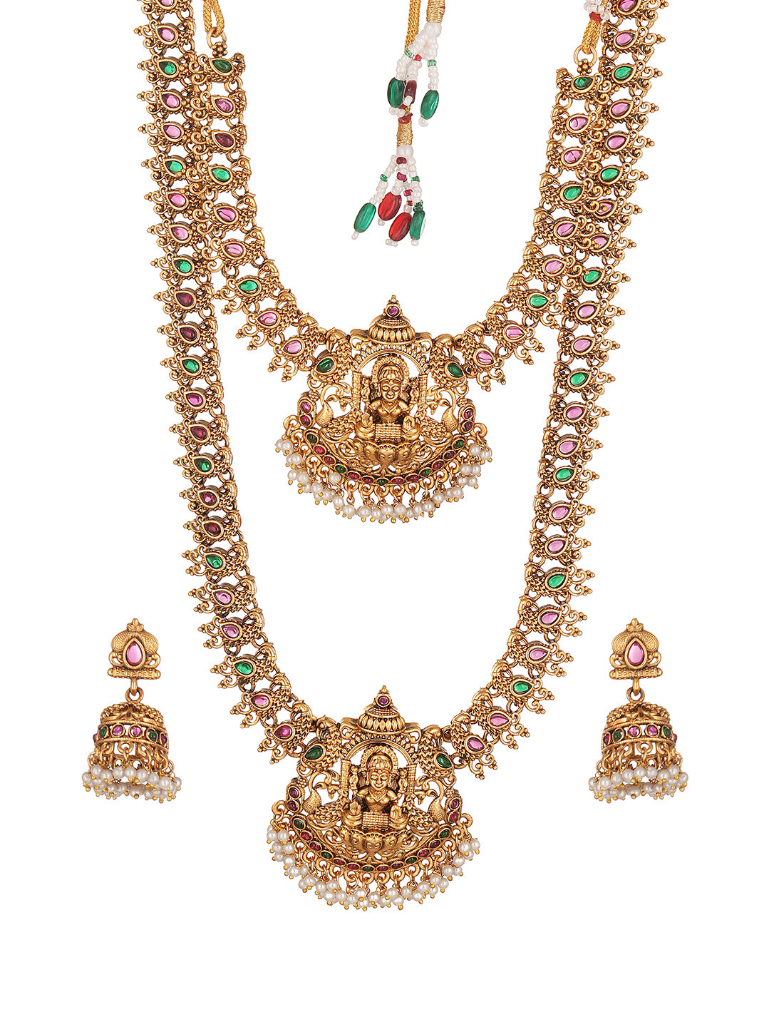 Antique Gold Plated Multicolour Stone Two Layer Lakshmi Temple Haar Necklace Set