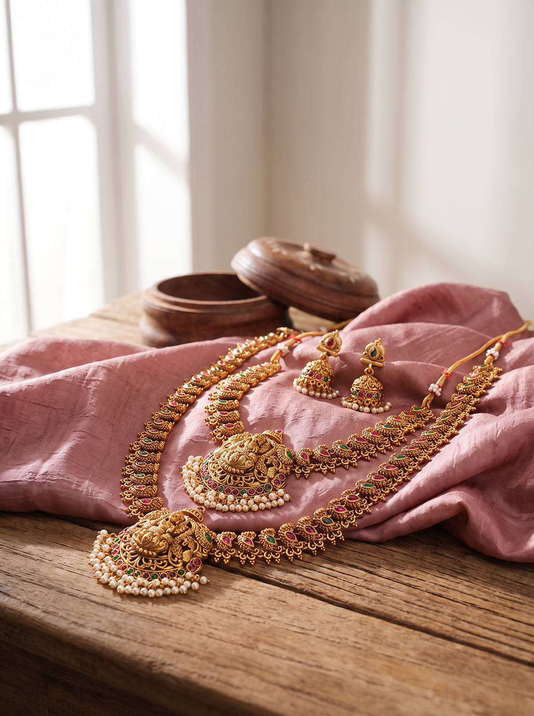 Antique Gold Plated Multicolour Stone Two Layer Lakshmi Temple Haar Necklace Set