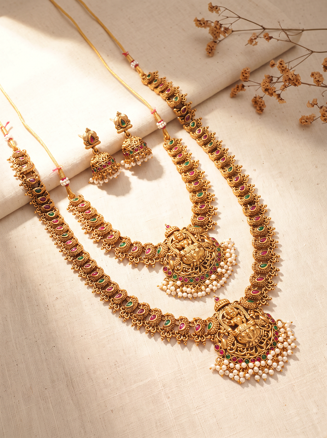 Antique Gold Plated Multicolour Stone Two Layer Lakshmi Temple Haar Necklace Set