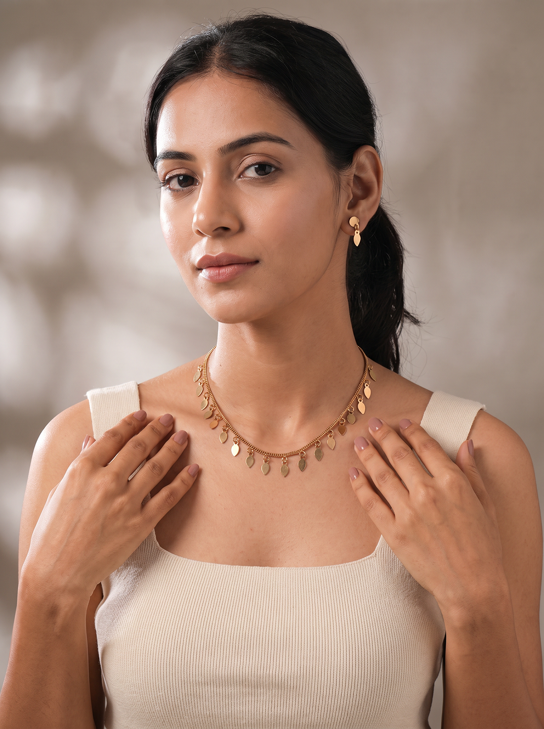 Gold Plated Minimal Leaf Drop Necklace Jewellery Set