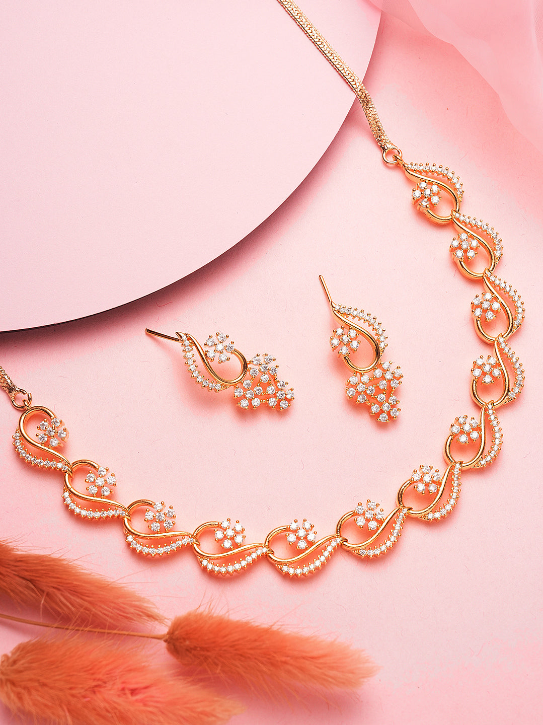Rose gold plated AD wave design necklace set