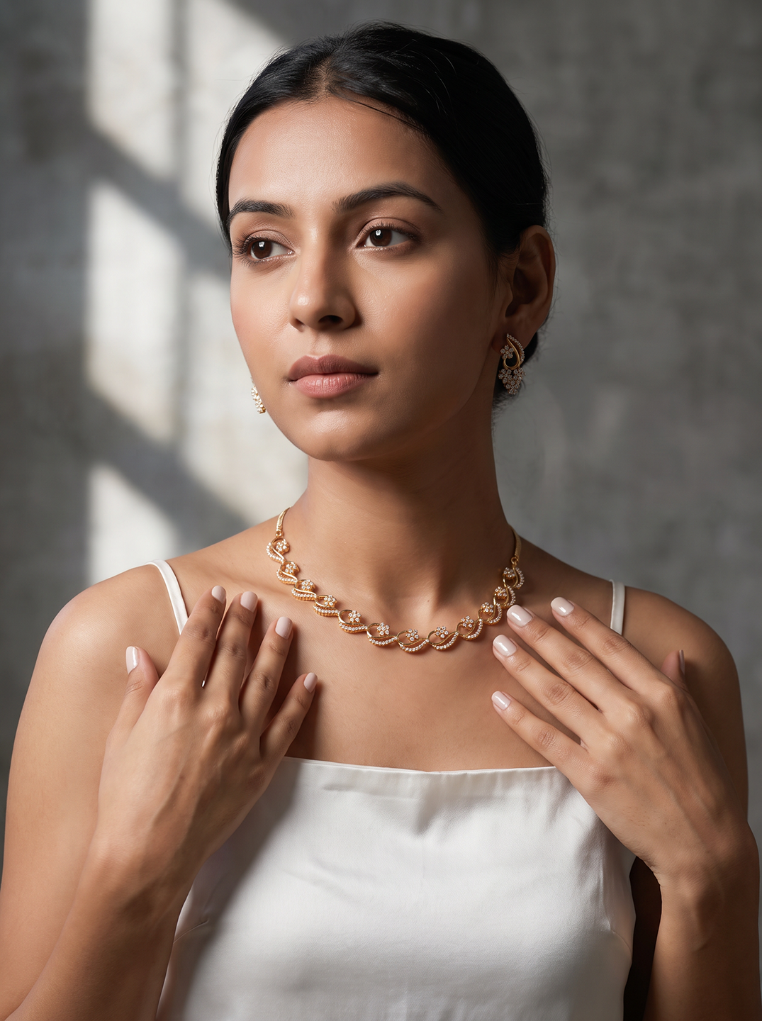 Rose Gold Plated White AD Wave Design Necklace Jewellery Set